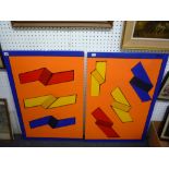 Auton, a diptych oils on board brightly coloured geometric abstract, signed, each on panel (each