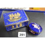 A late 18th century Bilston enamel oval snuff box, painted with flowers on a blue ground, 2.3 in,