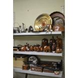 Three shelves of mixed wood and metal wares including copper kettles, brass and copper trays, a