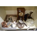 A mixed lot including a wooden cased mantel clock, a pair of wooden candlesticks, two silver