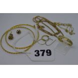 A 9 ct gold box-link necklet, a band ring, a pair of child's bangles, a fine necklet, and five