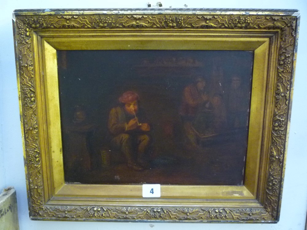 Flemish School, oils on panel, a tavern interior (24 x 32 cm), gilt frame TO BID ON THIS LOT AND FOR