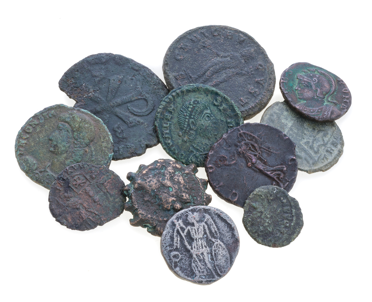 TWELVE BRONZE AND ONE SILVER COINS ROMAN EMPIRE