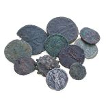 TWELVE BRONZE AND ONE SILVER COINS ROMAN EMPIRE