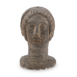 FEMALE HEAD IN COMPOSITE MATERIAL ETRUSCAN STYLE 20TH CENTURY