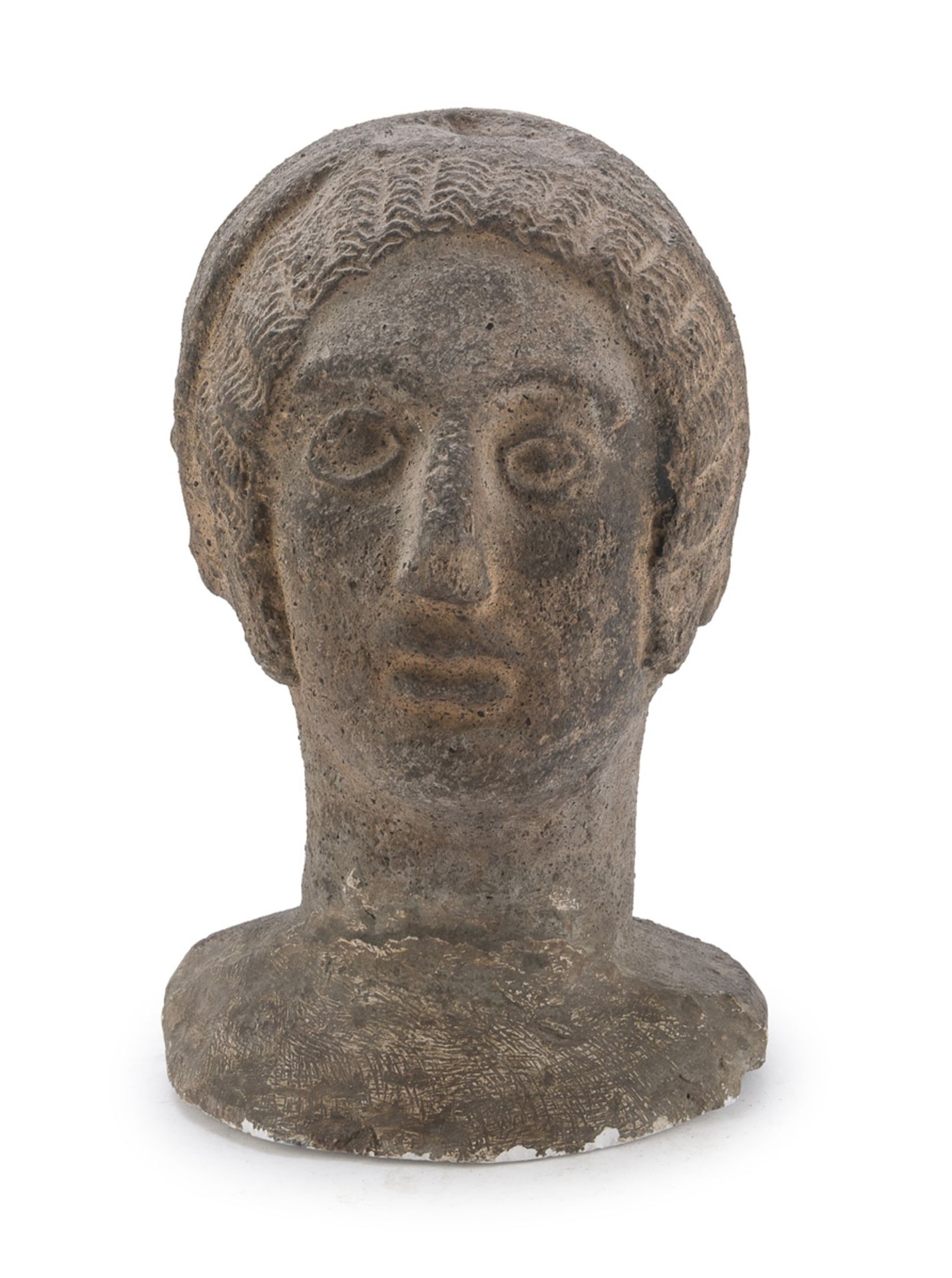 FEMALE HEAD IN COMPOSITE MATERIAL ETRUSCAN STYLE 20TH CENTURY