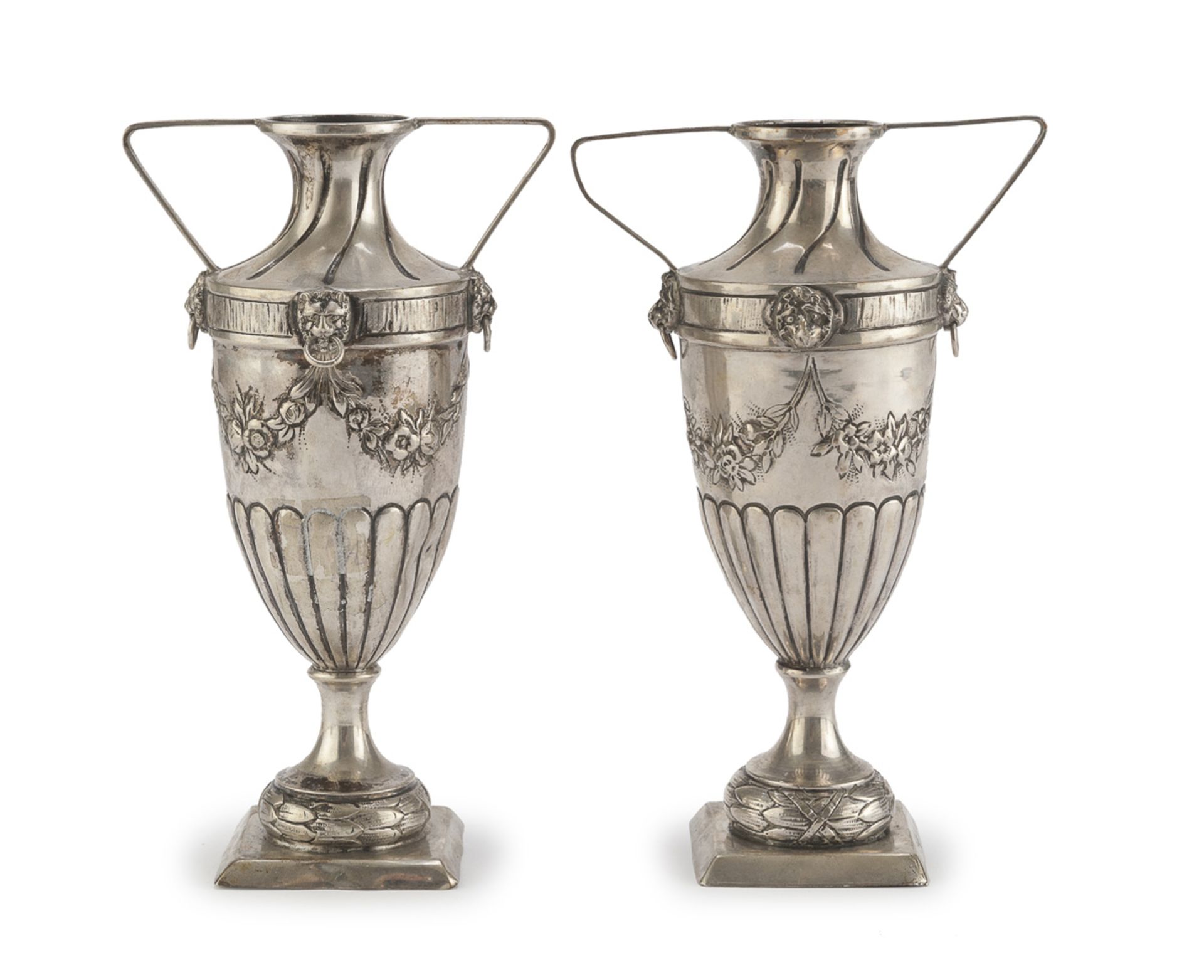 TWO SILVER AMPHORA VASES PROBABLY GERMANY 19TH CENTURY