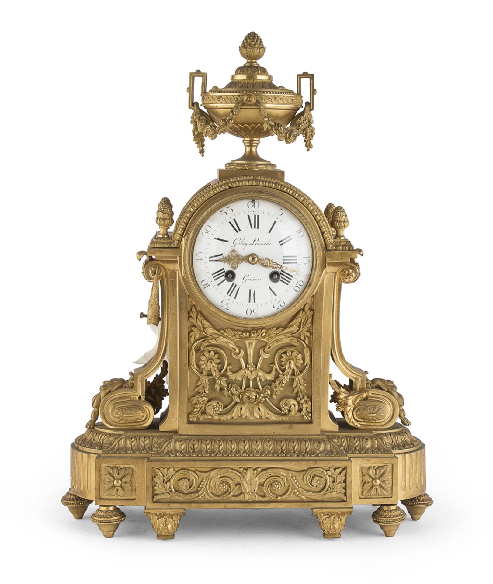 RARE GOLDEN BRONZE TABLE CLOCK GOLAY LORESCHE GENEVA 19TH CENTURY