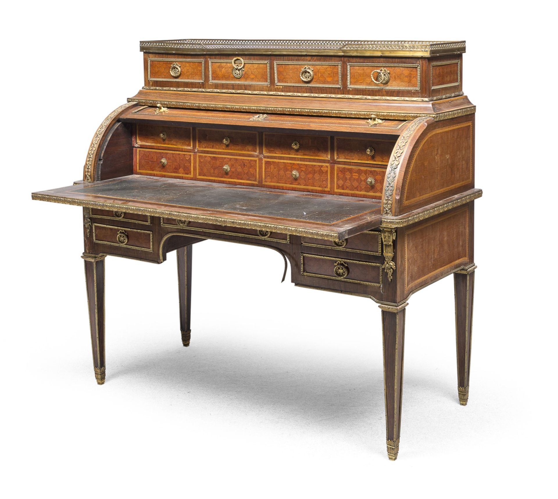 BEAUTIFUL CYLINDER BUREAU IN MARQUETERIE FRANCE NAPOLEON III PERIOD