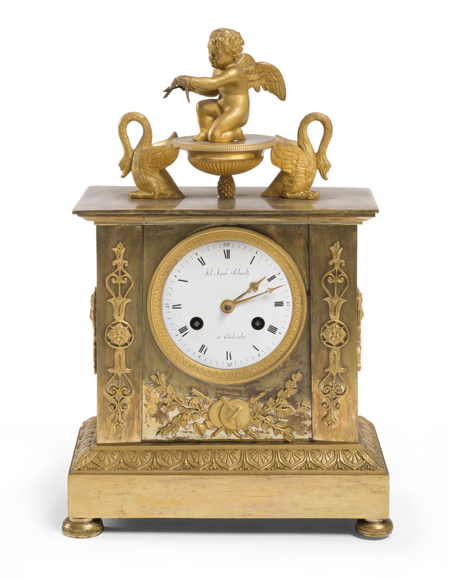 WONDERFUL GOLDEN BRONZE TABLE CLOCK GERMANY JACOB SCHMIDT EMPIRE PERIOD