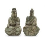 A PAIR OF CHINESE MARBLE SCULPTURES REPRESENTING BUDDHA AND GUANYIN 20TH CENTURY.