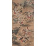 CHINESE SCHOOL EARLY 20TH CENTURY. ANTIQUE BATTLE SCENE MIXED MEDIA ON SILK.