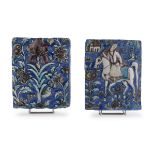 TWO PERSIAN POLYCHROME ENAMELED CERAMIC TILES 19TH CENTURY.