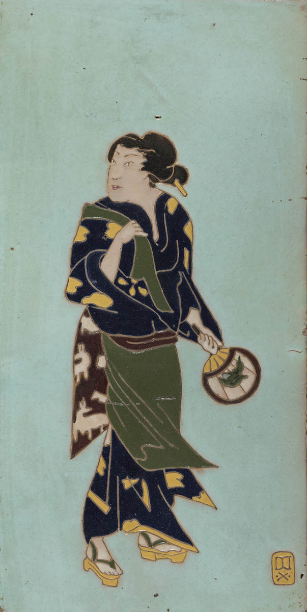 FIVE JAPANESE POLYCHROME ENAMELED CERAMIC TILES 20TH CENTURY - Image 4 of 5