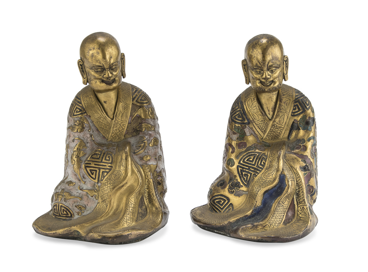 A PAIR OF CHINESE POLYCHROME ENAMELED BRONZE SCULPTURES EARLY 20TH CENTURY.
