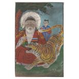 CHINESE SCHOOL 20TH CENTURY. TAOIST VIRTUE AND BIG TIGER. MIXED MEDIA ON SILK