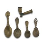 FOUR PERSIAN BRONZE SPOONS AND A PIPE. 19TH-20TH CENTURY.