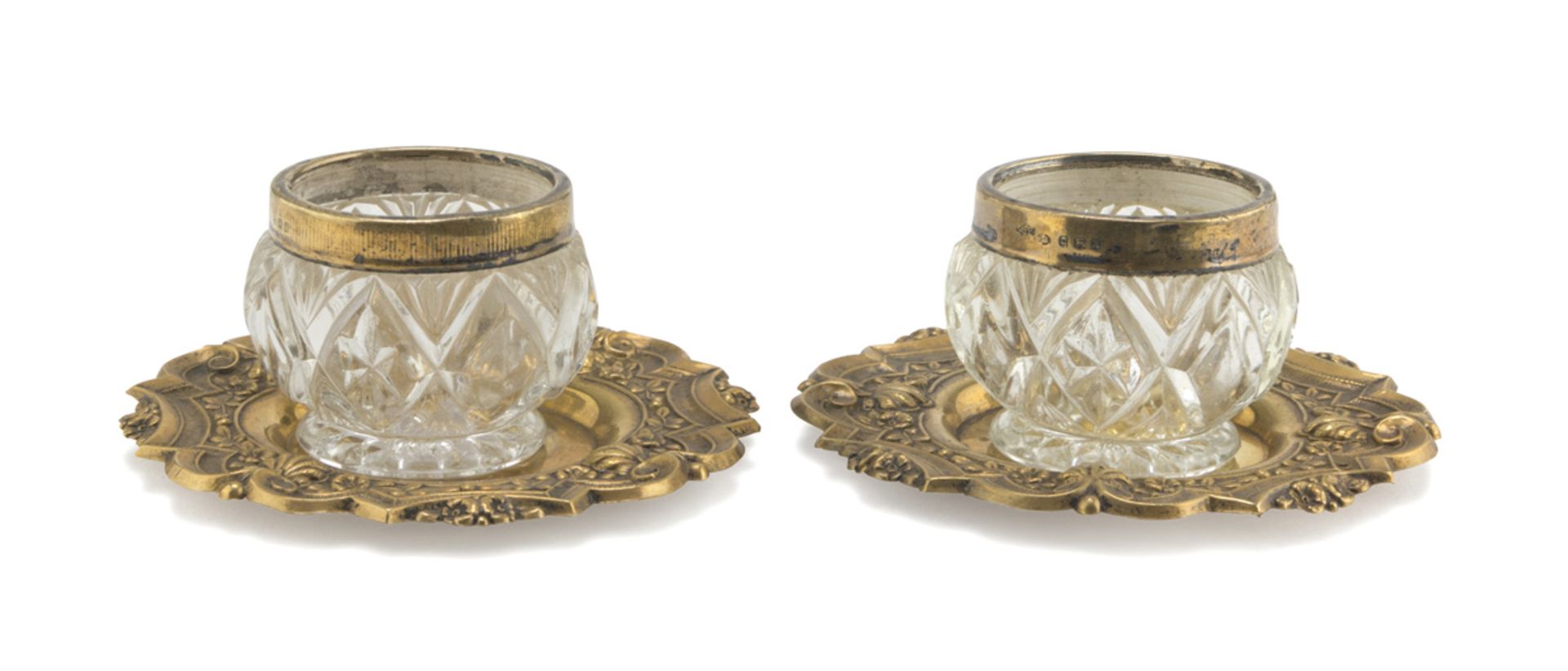 PAIR OF CRYSTAL AND GILT SILVER SALT CELLARS PUNCHES LONDON 1918