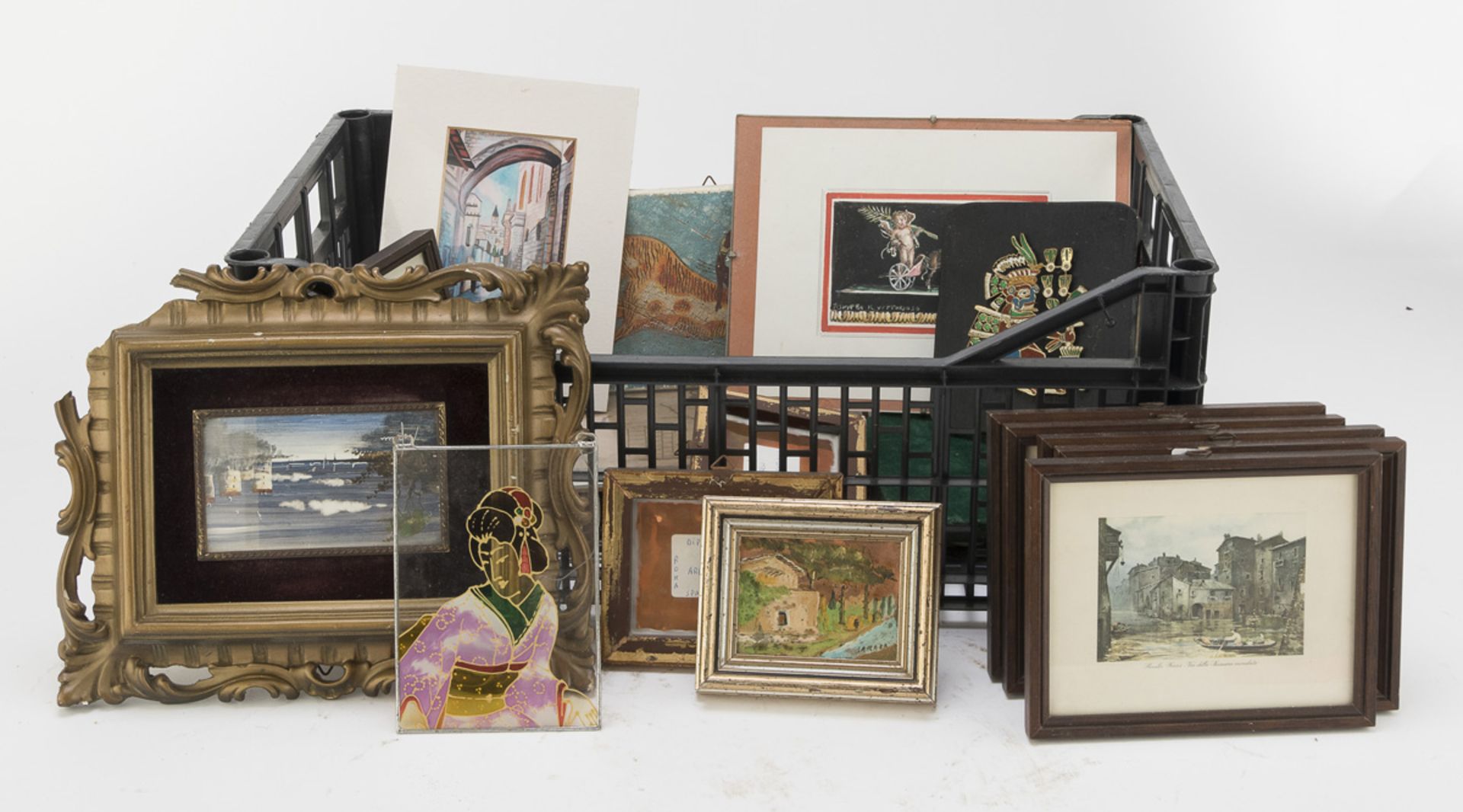 BOX OF PAINTINGS, OBJECTS AND MISCELLANEOUS