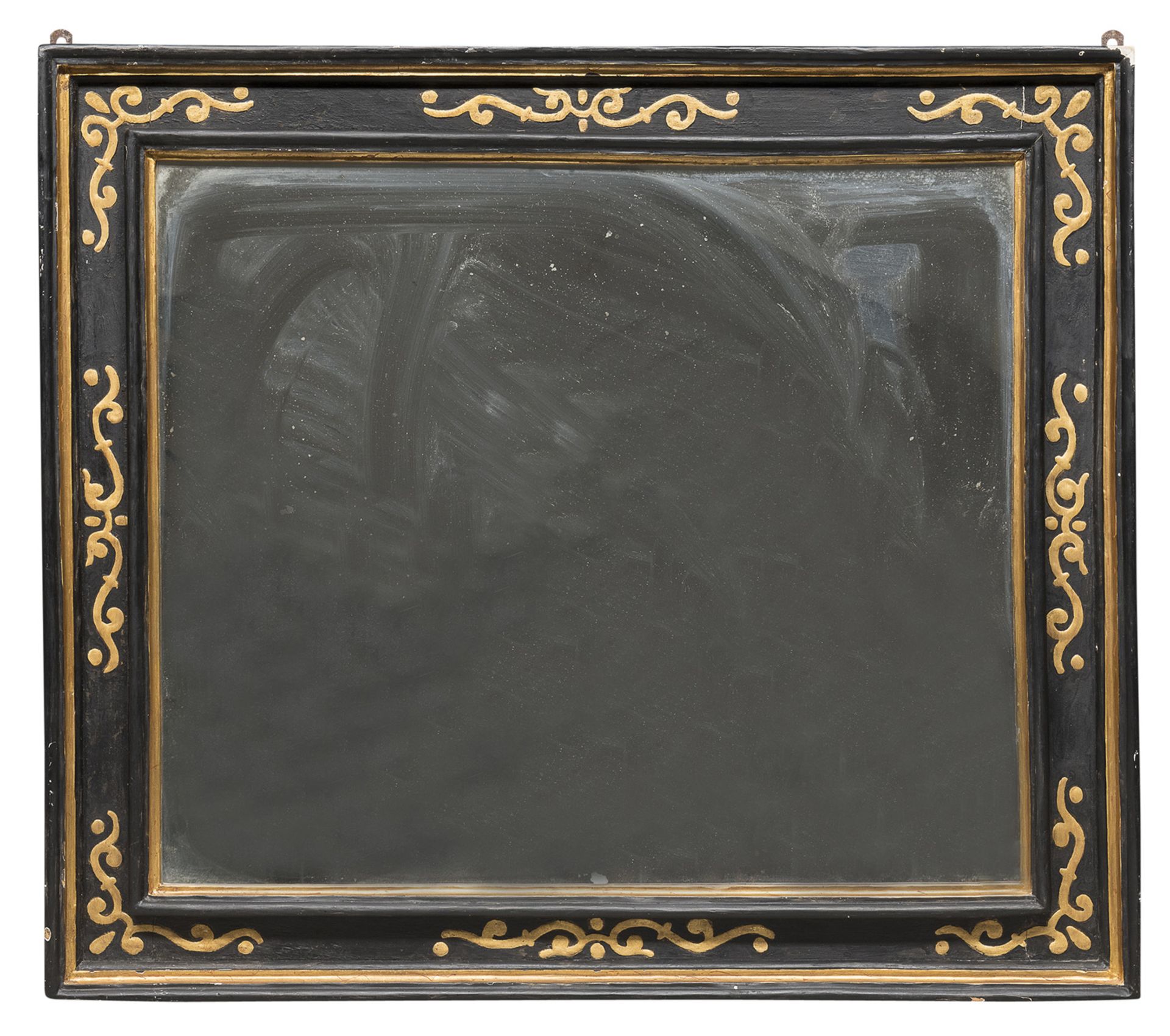 WOODEN MIRROR IN BLACK AND GOLD LACQUER PROBABLY NAPLES 18TH CENTURY