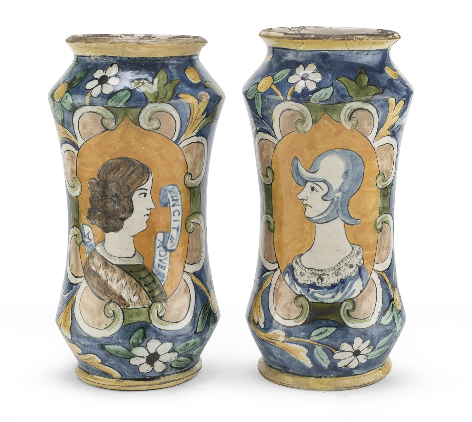 PAIR OF MAJOLICA ALBARELLOS PROBABLY CALTAGIRONE 18TH CENTURY