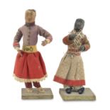 PAIR OF DOLLS IN WOOD AND FABRIC CONTINENTAL ASIA 19th CENTURY