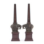 PAIR OF OBELISKS IN RED MARBLE AND BRONZE EARLY 20TH CENTURY