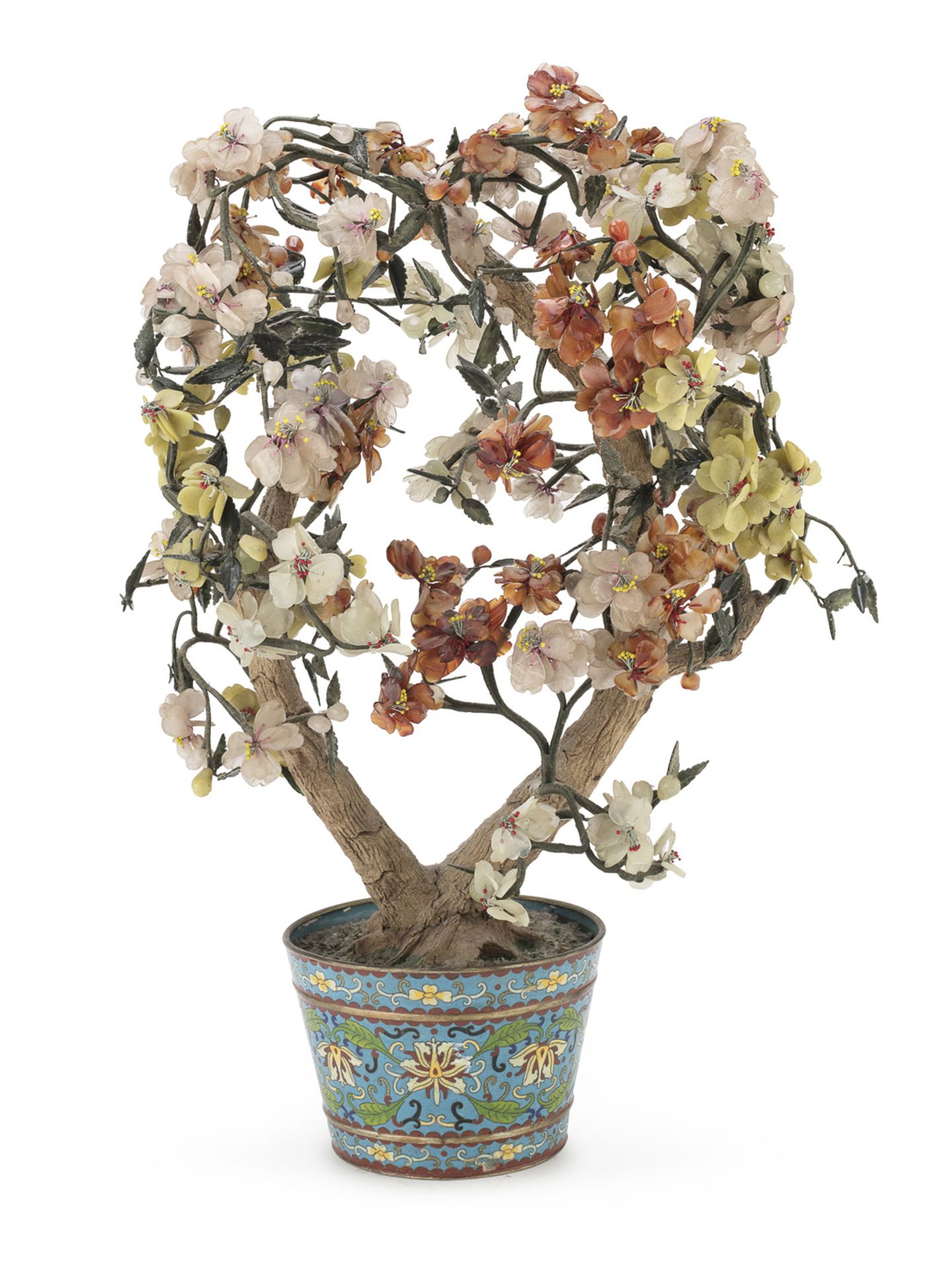 LARGE FLORAL COMPOSITION IN POLYCHROME ENAMELLED METAL AND HARD STONES CHINA 20th CENTURY