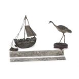 LOT OF A MODEL OF BOAT CRANE AND TWO RECTANGULAR PLATES CHINA 20th CENTURY