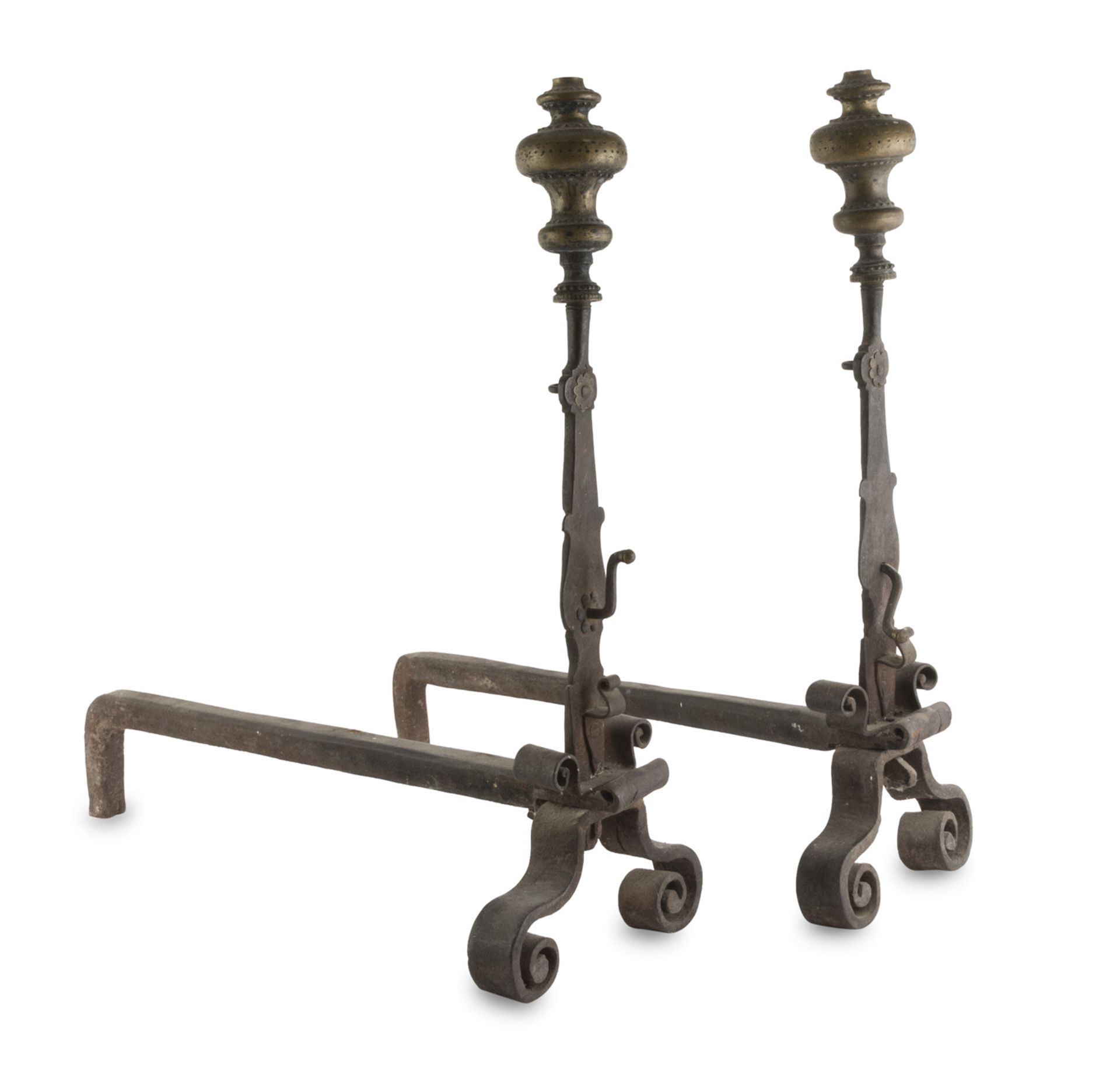 BEAUTIFUL PAIR OF IRON FIREDOGS CENTRAL ITALY 17th CENTURY