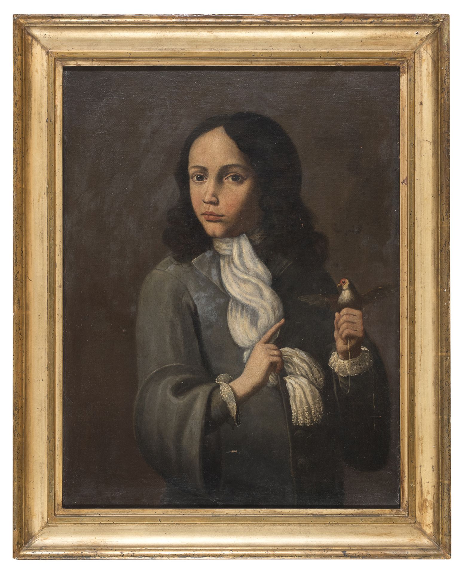 OIL PAINTING OF A BOY WITH GOLDFINCH LOMBARD SCHOOL 18TH CENTURY