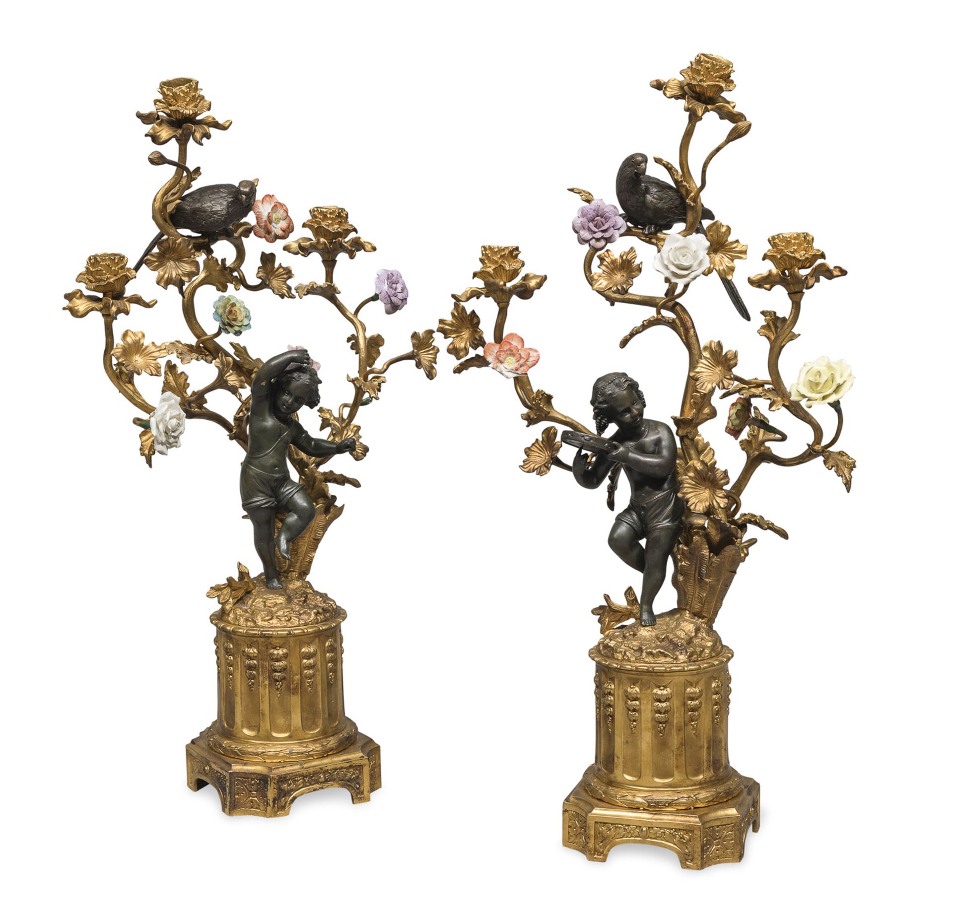 PAIR OF GILT BRONZE CANDLESTICKS WITH PORCELAIN EARLY 19TH CENTURY