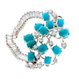 WHITE GOLD BROOCH WITH DIAMONDS AND TURQUOISE