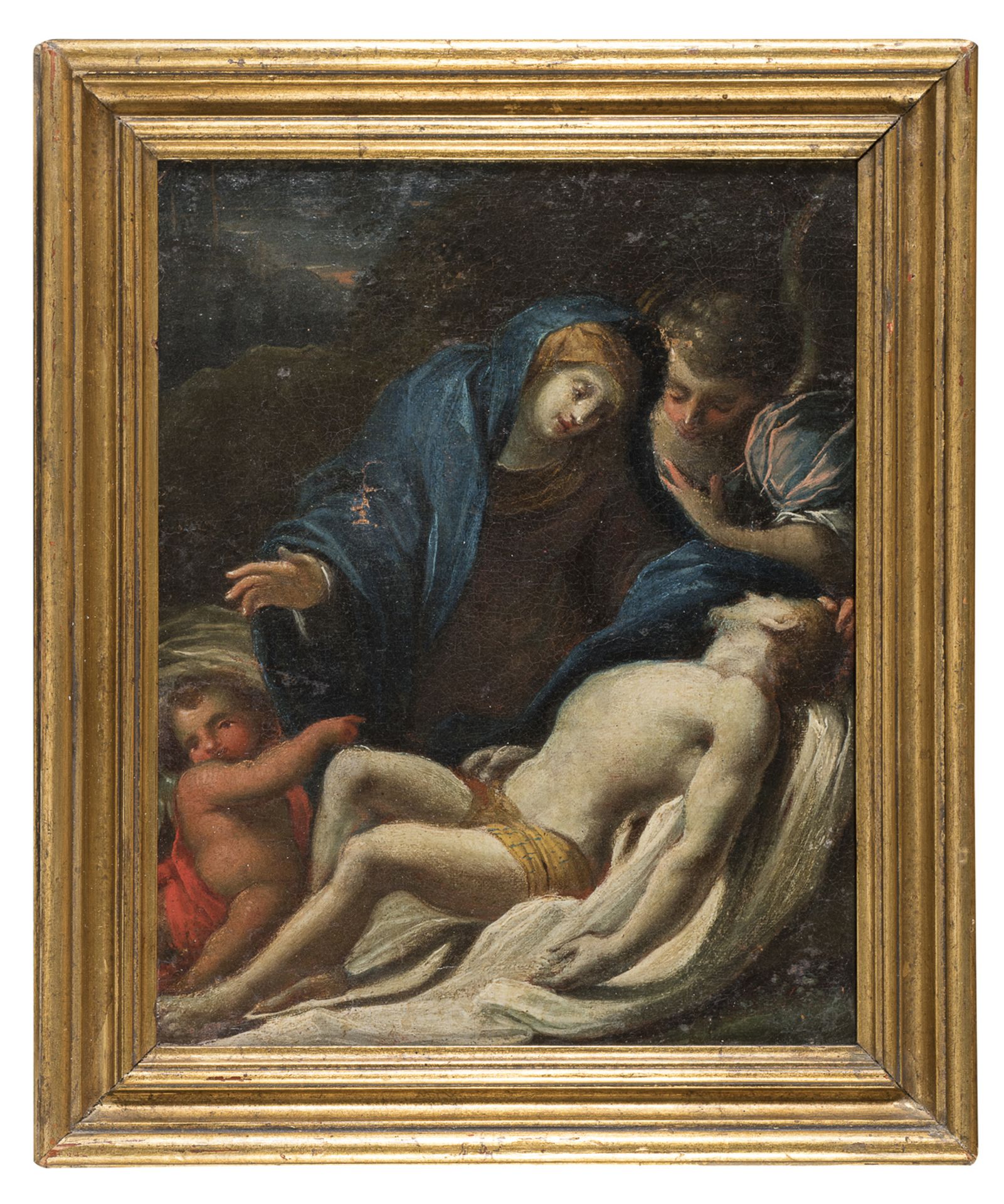 GENOESE SCHOOL OIL PAINTING OF THE VIRGIN WEEPING OVER THE DEAD BODY OF CHRIST 17TH CENTURY