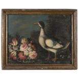 LOMBARD PAINTING OF LANDSCAPE WITH DUCK AND FLOWERS 18TH CENTURY