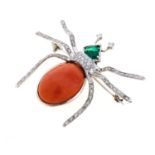 BROOCH WITH CORAL EMERALDS AND DIAMONDS
