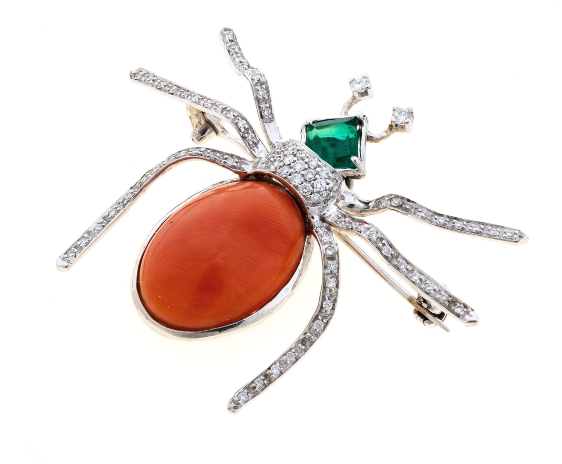 BROOCH WITH CORAL EMERALDS AND DIAMONDS