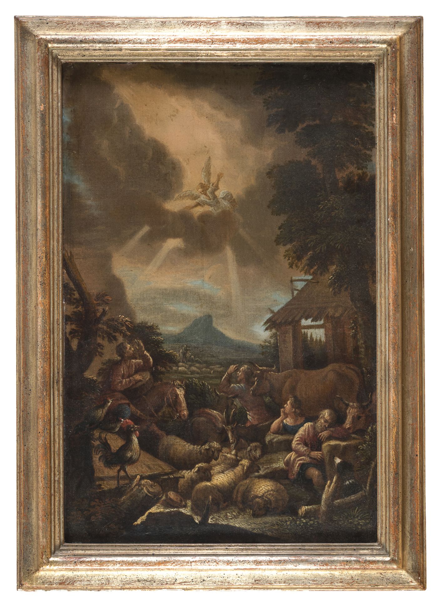 OIL PAINTING OF THE ANNOUNCEMENT TO THE SHEPHERDS BY THE BASSANO AREA 17TH CENTURY
