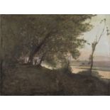 FRENCH OIL PAINTING OF A WOOD ON LAKE EARLY 20TH CENTURY