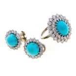WHITE GOLD EARRINGS AND RING WITH TURQUOISE AND DIAMONDS