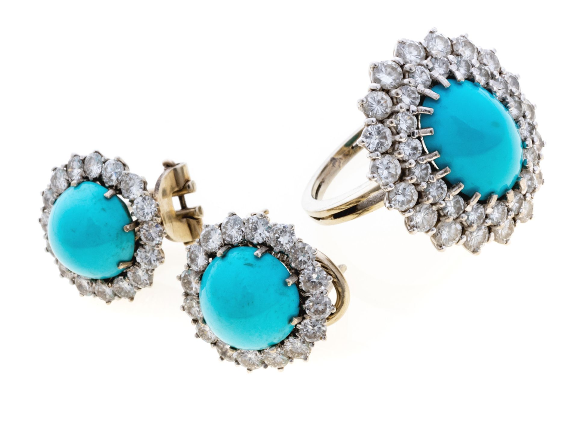 WHITE GOLD EARRINGS AND RING WITH TURQUOISE AND DIAMONDS