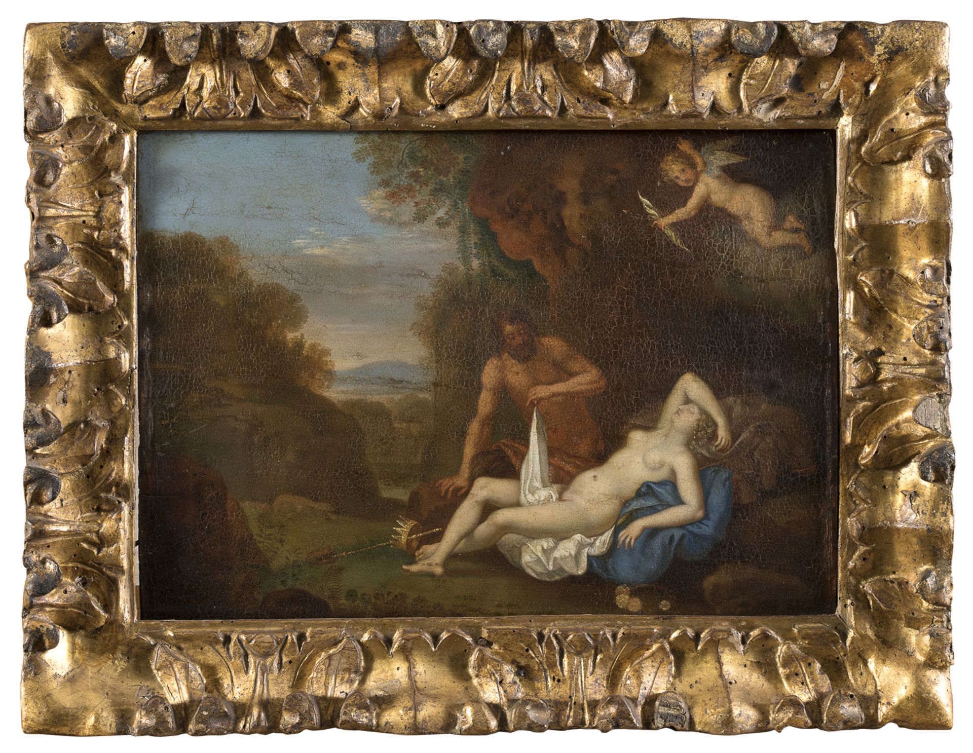 OIL PAINTING OF SATYR AND VENUS WORKSHOP OF BARTHOLOMEUS BREENBERGH 17TH CENTURY