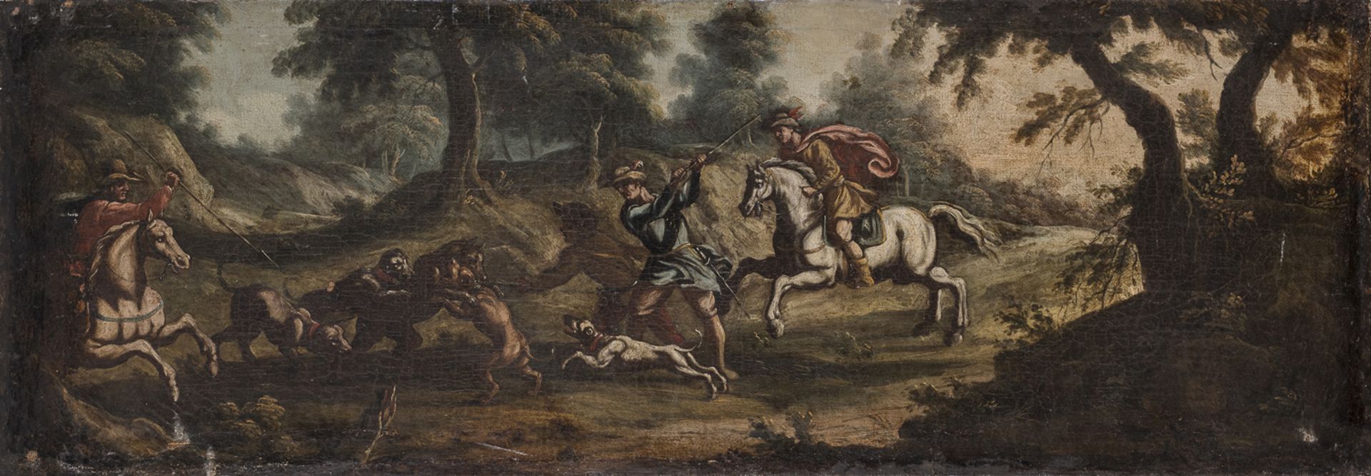 NEAPOLITAN OIL PAINTING OF A HUNTING SCENE 18TH CENTURY