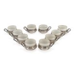 TEN GINORI SILVER TEACUP HOLDER WITH PORCELAIN CUPS ALEXANDRIA LATE 19TH CENTURY