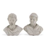 PAIR OF SMALL BUSTS IN WHITE MARBLE 20TH CENTURY