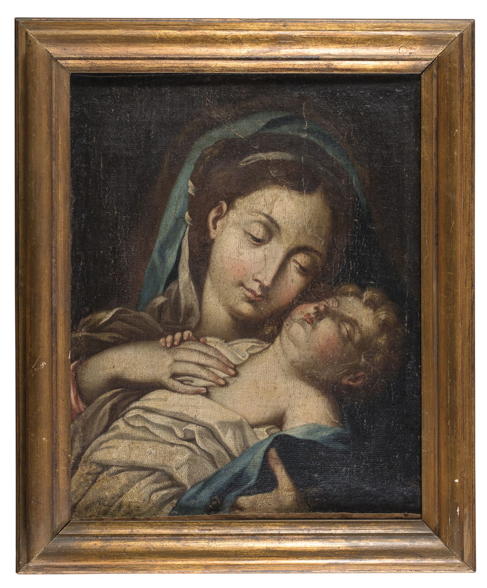 ROMAN OIL PAINTING OF THE VIRGIN AND CHILD 18TH CENTURY