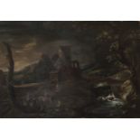 DUTCH OIL PAINTING OF A LANDSCAPE WITH TOWER 18TH CENTURY