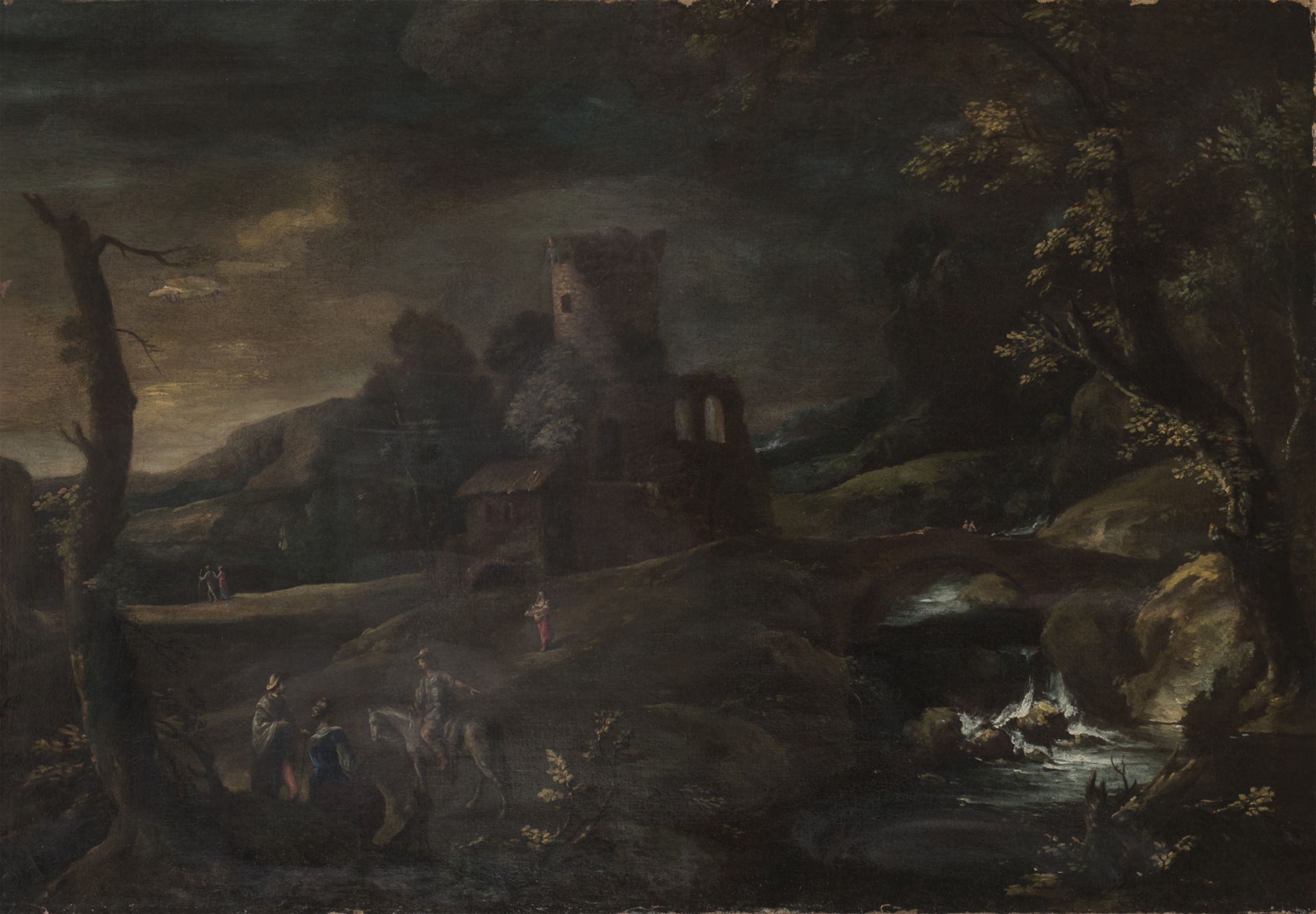 DUTCH OIL PAINTING OF A LANDSCAPE WITH TOWER 18TH CENTURY