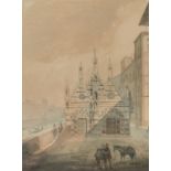 WATERCOLOR OF CHURCH IN HAREN SIGNED G. MILLS 19TH CENTURY