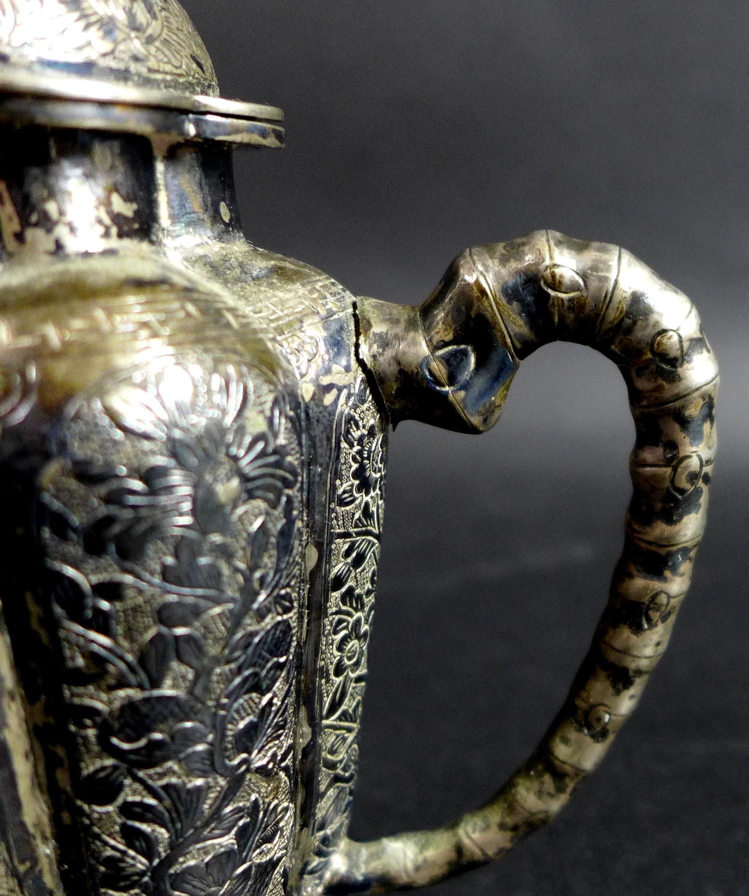 A 19th century Chinese silver wine pot, of lobed tapering form, the cover with shi shi finial, - Image 3 of 12